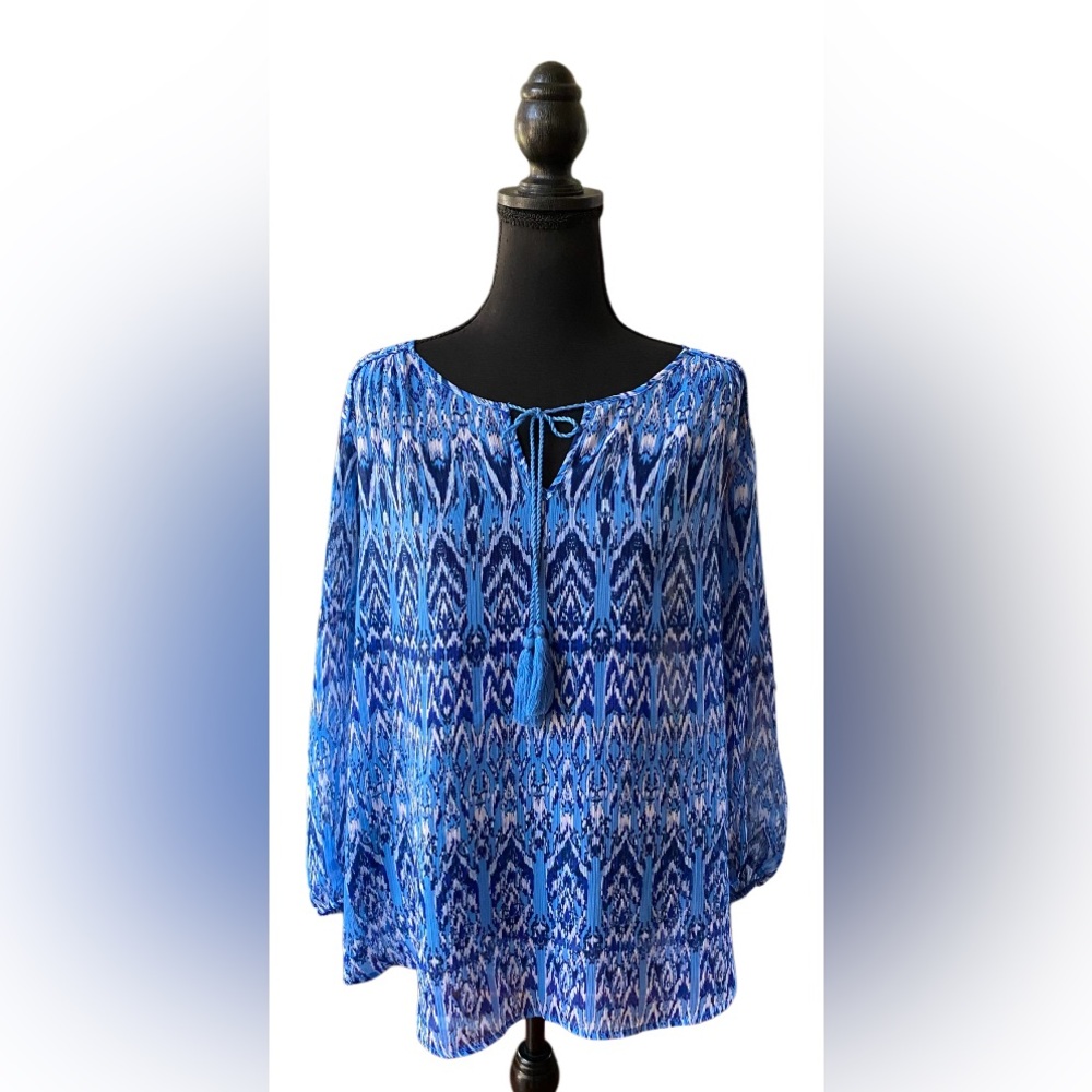 St. John’s Bay: Blue and White Bohemian Blouse with Tassels